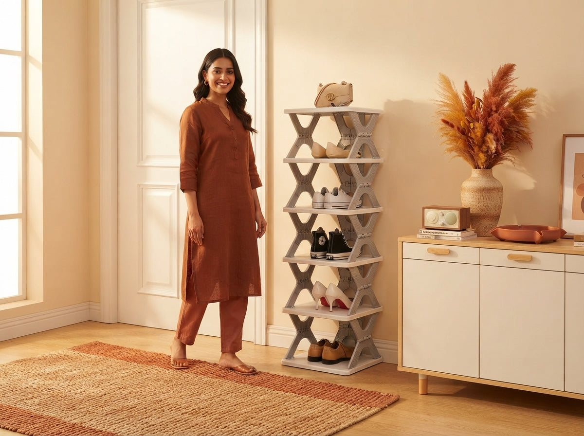 A South Asian woman standing in a clean, organized modern entryway next to a 6-tier foldable shoe rack with neatly arranged s
