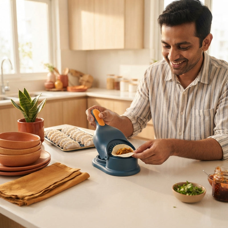 An Indian man using a 2-in-1 dumpling press to make momos in a tidy, modern kitchen.