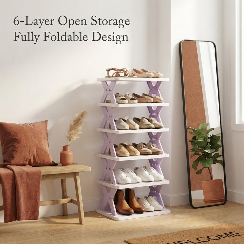 A sturdy 6-layer foldable shoe rack filled with shoes in a bright, modern apartment entryway.